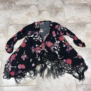 Torrid Kimono Womens Black Size 2 Floral Top Tassel Trim Open Front Cardigan